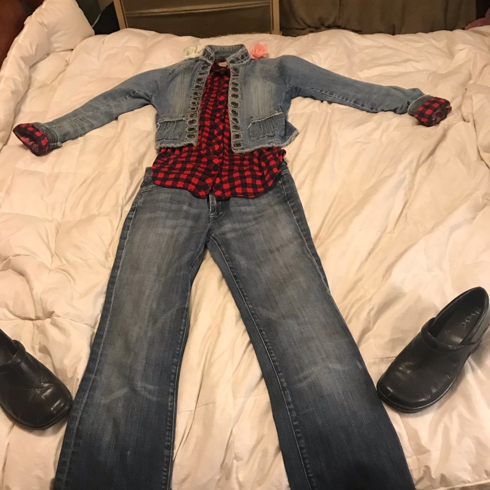 Seven Jeans, crop denim jacket and flannel